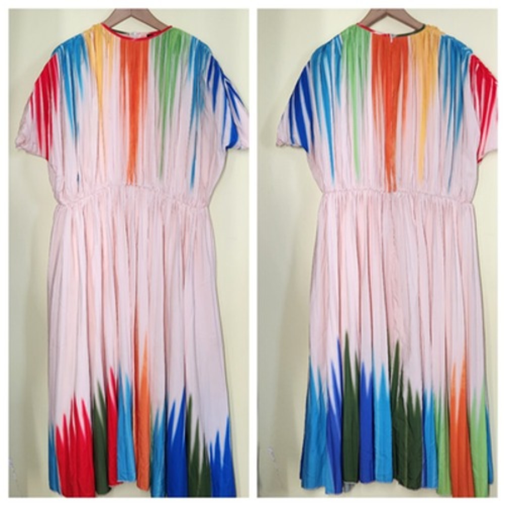 XPLUS Pleated Midi Dress Women L Rainbow Eladtic Waist Short Sleeve Artsy Boho